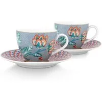 PiP Studio Geschirr-Set Espressotasse mit Untertasse Flower Festival Hellblau (4-teilig)