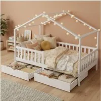 Bellabino Kinderbett Bia mit Rausfallschutz & Lattenrost (weiß, mit zwei Schubladen), Kinderbett aus Kiefernholz, verfügbar in 80x160/90/120/140x200 cm