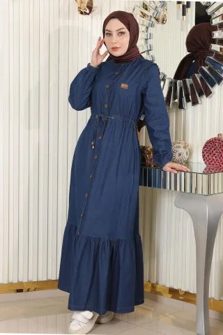 Gebundene Taille Geknöpft Denim Kleid Dunkelblau