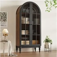 Flieks Hochschrank Bogen-Mehrzweckschrank Glasvitrine mit Glastüren, Retro-Holzfüßen (Aufbewahrungsschrank mit Bogenform für Wohn- und Schlafzimmer, 1-St., B76/T38,5/H165 cm) Vitrine mit 4 Fächern Sideboard Holzoptik, Walnussfarbe & Schwarz