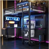 REDOM Hochbett Kinderbett mit Schreibtisch (Tastaturablage, Staufächern, LED-Beleuchtung und Ladestation, Schwarz/Weiß, 1-St., 90x200cm)