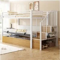 Flieks Etagenbett, Metallbett 90x200cm mit hydraulischem Unterbett und Stauraumtreppe