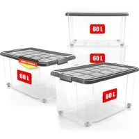 BigDean Aufbewahrungsbox 60 L mit Deckel groß – robuste Stapelbox rollbar mit Klickverschlüssen (Set, 4 St., Aufbewahrungsbox + Deckel + Rollen), Sicher Stapelbar, Platzsparend, Transparent, Rollen, Klickverschlüsse