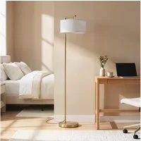 HOMCOM Stehlampe Stehleuchte Standlampe mit Lampenschirm aus Stoff mit E27 Fassung, Ein-,Ausschalter, ohne Leuchtmittel, Metall Stahl Leinen Gold+Weiß 47 x 37 x 153 cm