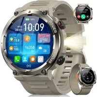 blackview Militärische Smartwatch für Herren mit Telefonfunktion, 960 mAh Akku Smartwatch (1.45 Zoll, iOS/Android), 1× Silikonarmband 1× Geflochtenes Armband 1× Magnetisches Ladekabel, 30 Tage Akkulaufzeit, LED-Taschenlampe, Kompass,150+ Sportmodi,IP