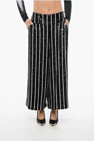 Paillettenbesetzte, gestreifte High-Waist-Hose in Schwarz und Weiß