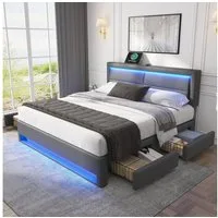 Flieks Polsterbett, LED Doppelbett 140x200cm mit USB-Anschluss und 4 Schubladen