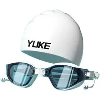 Blusmart Schwimmbrille Universelles Schwimmbrillen- und Badekappen-Set für Damen und Herren, (HD-Antibeschlag und wasserdichter großer Rahmen, Schwimmbrille und integrierte Ohrstöpsel), Set bestehend aus Schwimmbrille + Silikon + Aufbewahrungsbox