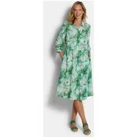 GOLDNER Druckkleid Midikleid mit Blätter-Druck Viskosekleid mit Hemdkragen, Knopfleiste, Knielänge und 3/4-Arm