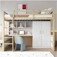 Merax Hochbett (1-St., Jugendbett Einzelbett Holzbett) Kiefer Kinderbett 90x200 cm mit Schreibtisch Kleiderschrank Schubladen