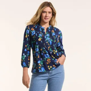 Baumwolle/Modal-Biesenshirt mit 3/4-Ärmeln, Damen,  Blau, Elasthan/Baumwoll-Mischung/Synthetic-blend, by Lands' End