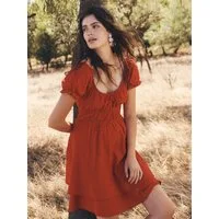 Apricot Minikleid Sommerkleid mit Ösenstickerei