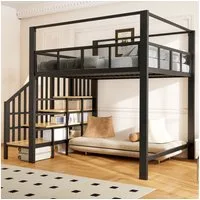 Flieks Hochbett Metallbett Kinderbett 140×200cm mit Stauraumtreppe