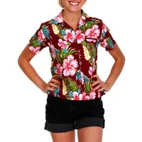 King Kameha Hawaiihemd Hibiscus New Funky Hawaiibluse Damen Kurzarm Front-Tasche Stylish