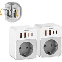 TESSAN 2 Stück klappbarer Reiseadapter für UK/US-Stecker in EU-Steckdosen Reiseadapter Typ B, Typ G zu USB Typ A, USB Typ C, 2 Stück Klappbarer Adapter, 5 in 1 Reiseadapter