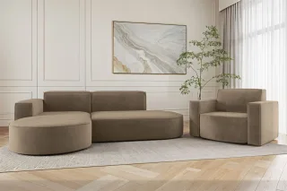 Sofa Set 2-teilig Sessel und Ecksofa PALMA XS Stoff Noel Braun Ottomane Links