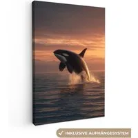 OneMillionCanvasses® Leinwandbild Orca - Meer - Sonnenuntergang, Fotodruck (1 St), Leinwand Canvas Wandbild, Wanddekoration 20x30 cm