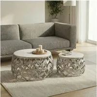 FINEBUY Satztisch FB73707 2er Set Couchtisch Silber Wohnzimmertisch Beistelltisch Marmor (Elegante Tischkombination für stilvolle Wohnräume), Zwei Größen für flexible Nutzung im Alltag