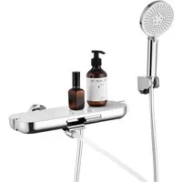 HOMELODY Duschsystem Badewannenarmatur mit Ablage 370 mm und 3-Funktions-Handbrause, 3 Strahlart(en), Set, 2-Wege Umschaltung, schwenkbarer Auslauf, PVC-Schlauch 1500 mm