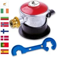 BlueCraft Druckminderer Adapter für ausländische Gasflaschen in Spanien Portugal uvm., (für Camping Propan Gasflasche, Gaskocher, Gasgrill), Clip-On JUMBO 35mm für deutsche Gas-Druck-Regler 30 mbar 50 mbar
