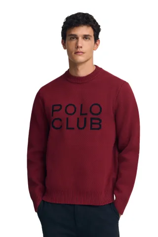 Strickpullover granatrot mit Polo Club-Logo in Kontrastfarbe