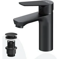 AM.PM Waschtischarmatur Bad Armatur HIT Schwarz Waschbeckenarmatur M-Größe Wasserhahn (Badarmatur Mischarmatur mit Ablaufgarnitur, Mischbatterie inkl. 2 x G 3/8-Anschluss und Klick-Ablauf) Einhebelmischer für warmes und kaltes Wasser