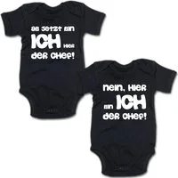 G-graphics Kurzarmbody Ab jetzt bin ich hier der Chef & Nein, hier bin ich der Chef (Zwillingsset / TwinSet, 2-tlg., Baby-Body-Set) für Zwillinge / Twins mit Sprüchen