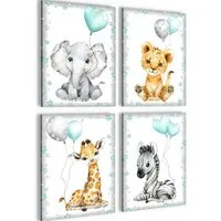 Novart Wandbild Kinderzimmer Wandbilder Set Tiere - 4 Bilder 30x40 cm Aufhängfertig