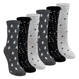 6 Paar Damen Socken mit Sterne- und Baum-Muster - Weiche Baumwollsocken für den Alltag