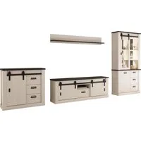 Home affaire Wohnwand Sherwood, Anbauwand im Industrial-Style, Komplettset, Wohnzimmer-Set, (4-St), enthält Vitrine, Lowboard, Kommode & Wandboard, 388 cm breit