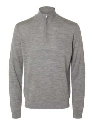 SELECTED MEN - SLMTRAY LS KNIT REG MERINO HALF ZIP NOOS Medium Grey Melange - Gr. - XL