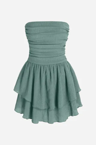 Trägerloses Texturiertes Rüschenshirt Mini-Kleid