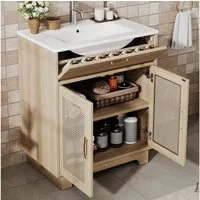Flieks Waschtisch mit Doppeltüren Rattan, Klappen und verstellbarer Einlegeböden Natur (bodenstehend, Badzimmerschrank mit Schubladenlift-Design und doppelten Soft-Close-Türen, 1-St., B76/T46/H88 cm), Waschbeckenunterschrank inkl. Waschbecken Badmöbe