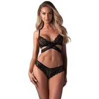 Obsessive Set: Bügelloser BH Blomentis Set: BH und Slip aus transparenter Spitze - schwarz (2-tlg) Opulente Spitze und feiner Stretchtüll