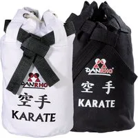 Danrho Sporttasche Karate Seesack Beutel Kinder Rucksack Turnbeutel (Kordelzug, Schnellverschluß, Baumwolle), schwarz oder weiss, Budogürtel Optik
