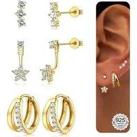 LuxusKollektion Ohrring-Set Ohrringe 3 Paar Silber Gold 14K 925 Ohrstecker Creolen Set Gold-C