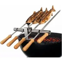Schilling Fischgrilltechnik Grillguthalter Gasgrill Holzkohlegrill Edelstahlspieße große Roste für Steckerlfisch, Edelstahl & Buche, (Komplettset, Halterung, Spieße, Schrauben, Griffe, Anleitung + Probegewürz), Stabiler Grillrost Steckerlfischhalter 