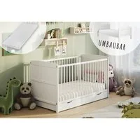 Kids Collective Babybett Kinderbett 60x120/70x140 cm umbaubar zu höhenverstellbares Lattenrost, 60x120 cm Weiß mit Matratze und Schublade von Geburt bis 3. Lebensjahr