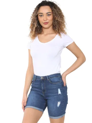 Enzo | Womens Ripped Denim Shorts - Mittelblau