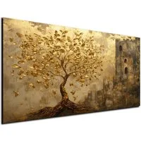 DARO Design Leinwandbild Modern Abstrakt Wandbilder XXL Wandbild Wand Deko Leinwand Bilder, (Baum goldene Blätter- Bild groß Wohnzimmer Schlafzimmer Küche Esszimmer Einteilig Querformat Fotodruck Leinwände Wanddeko Abstrakte Kunst Boho), 84x56cm