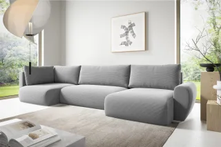 Wohnlandschaft Schlafsofa GALAN Stoff Poso Hellgrau Ottomane Rechts