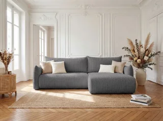 Ecksofa Schlafsofa MAILAND in Stoff Tilia Dunkelgrau Ottomane Rechts