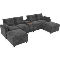 Merax Ecksofa mit 2 Hockern, U-/L-Form Sofa mit USB & Type-C, Chenille, 6 Sitzer Sofa, 316x140x84.5 cm 1 Teile, Sofa mit 2 Hockern, Mittelkonsole,Getränkehalter & klappbaren Staufach