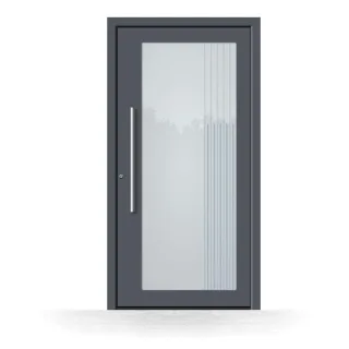 Haustür Ganzglasfüllung, Aluminium, Anthrazit RAL 7016, 70x170 cm, großer Glaseinsatz mit Motiv, Schüco-Profil, Modell Braunschweig