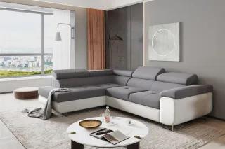 Ecksofa Sofa JADE Stoff Soft / Sawana Weiss-Grau mit Schlaffunktion Ottomane ...