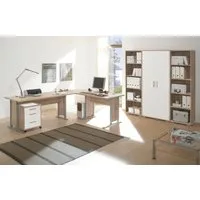 moebel-dich-auf Büromöbel-Set OFFICE LINE, (Spar-Set, 5-tlg., Winkelschreibtisch mit Rollcontainer + Aktenschrank + 2 Aktenregale), in Eiche Sonoma / weiß matt