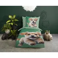good morning Kinderbettwäsche Mambo, Renforcé, 2 teilig, Baumwolle, Renforcé, Wendeoptik, Kind, Hund, Grün