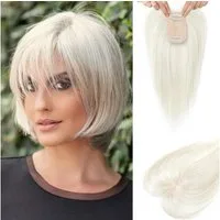 LuxusKollektion Toupet Topper Echthaar Damen Clipin Pony Seidenbasis 26 CM Silberweiß