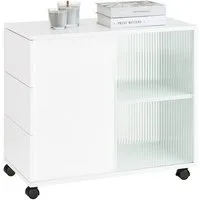 SoBuy Rollcontainer FBT141, Beistelltisch Sideboard, Aufbewahrungsschrank mit Rollen, Aktenschrank Druckertisch mit 3 Schubladen & 2 Schiebetüren aus Glas