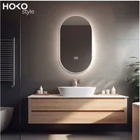HOKO Badspiegel mit beleuchtung+Antifog, Oval Schwarz / Gold+45x75 /50x90 / 60x100 cm (Antifog + Licht Wechsel-Warmweiß - Kaltweiß - Neutral. Licht mit Touch Schalter und mit Wandschalter einschaltbar. Memory-Funktion.IP44, 4mm HD Glass.Farbtemperatu